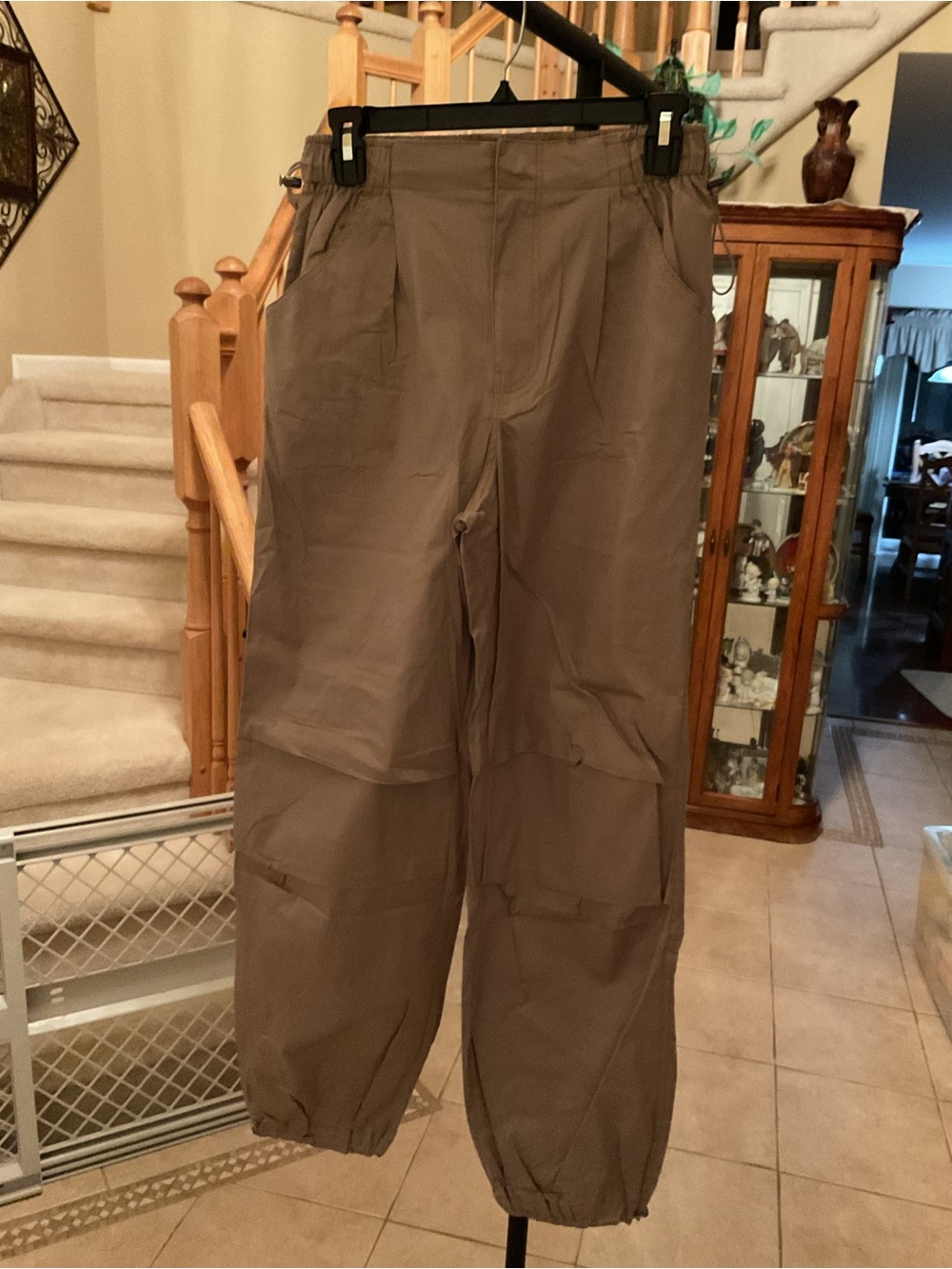 Women's Relaxed Parachute Pants with Elastic Cuffs in Taupe